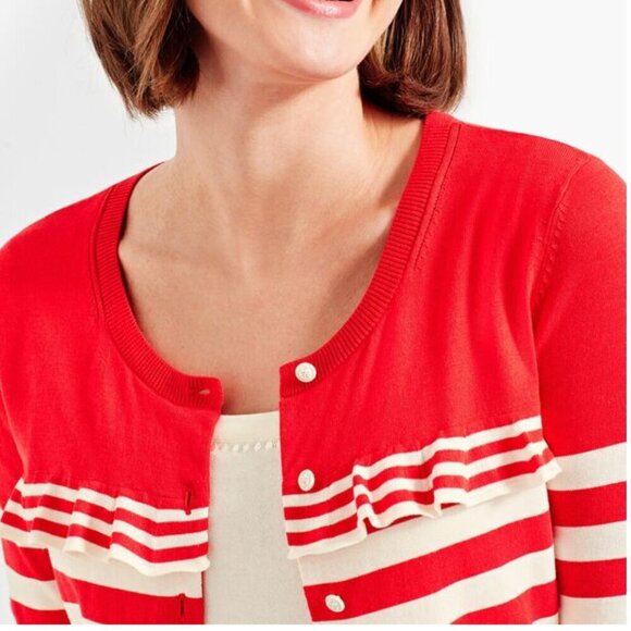 Talbots Charming Cardigan Stripe Ruffle Red White 3XP - Picture 2 of 12